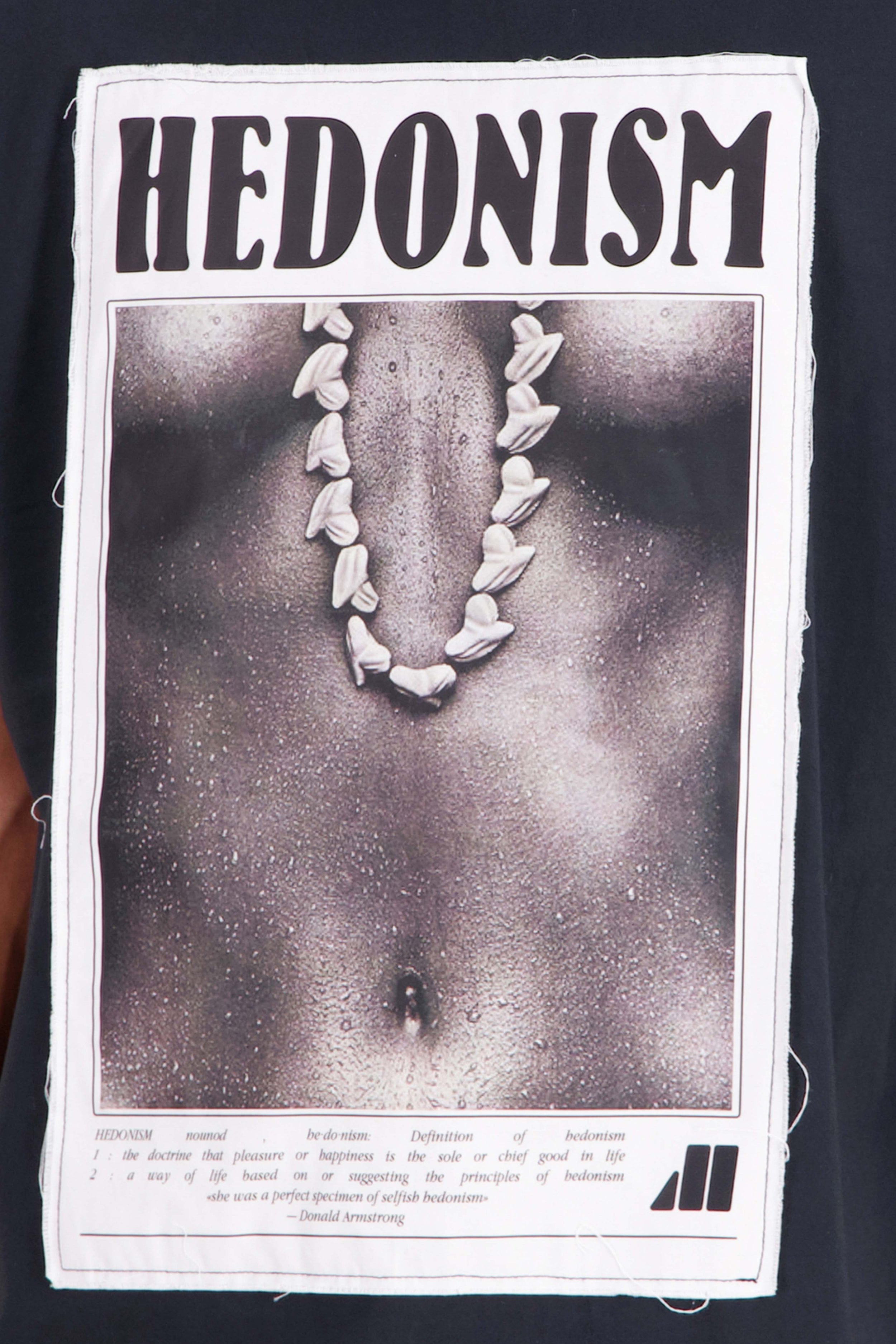 Black round-neck cotton t-shirt with printed design for men - Hedonism -  MOUTY, image size:2500x3750